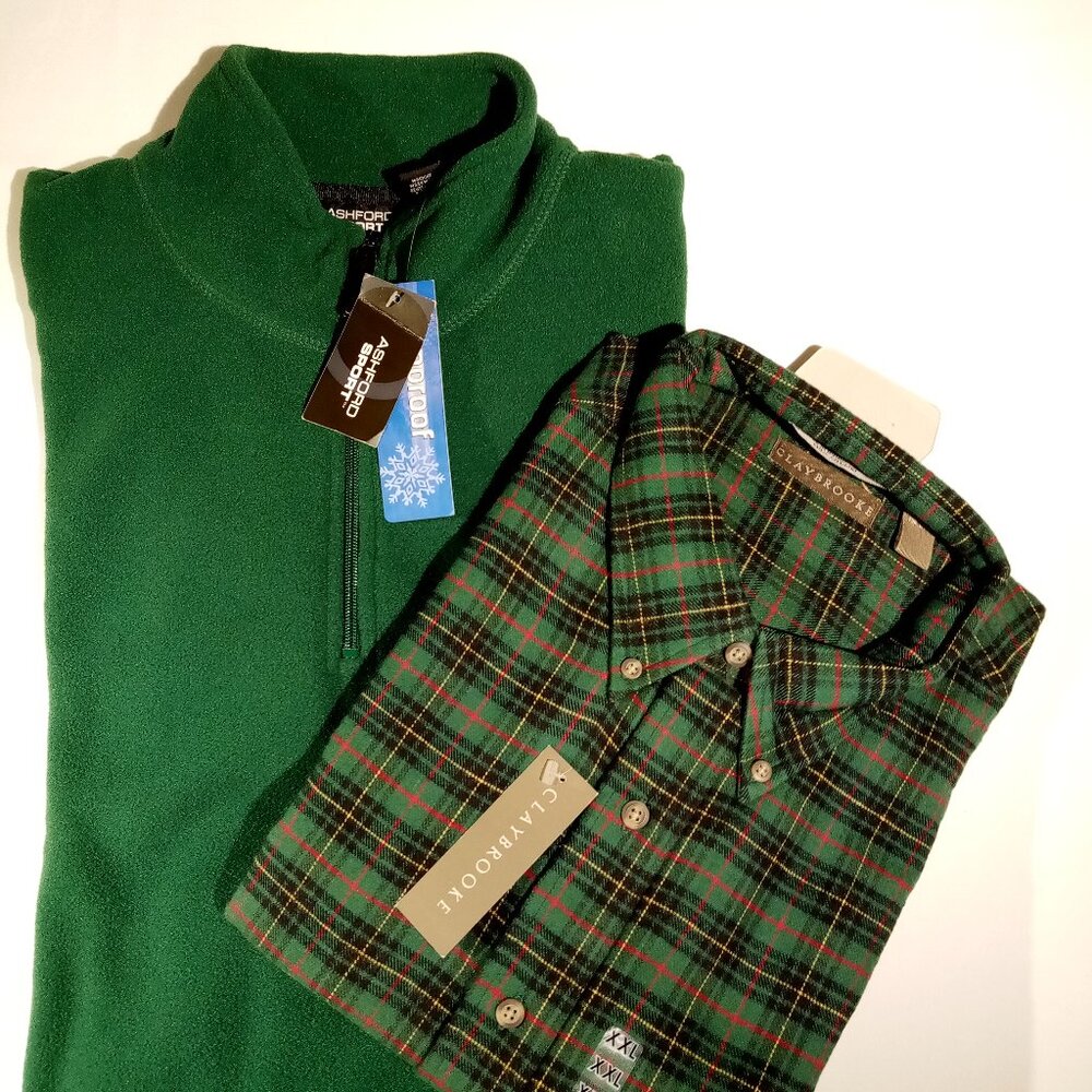 Men's 2 piece Set  XXL  Green 1/4 zip Fleece pullover & Plaid Flannel Shirt  NWT